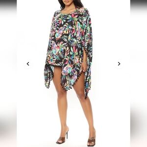 TINIBIKINI Floral Black COVER UP with Pom Pom Trim